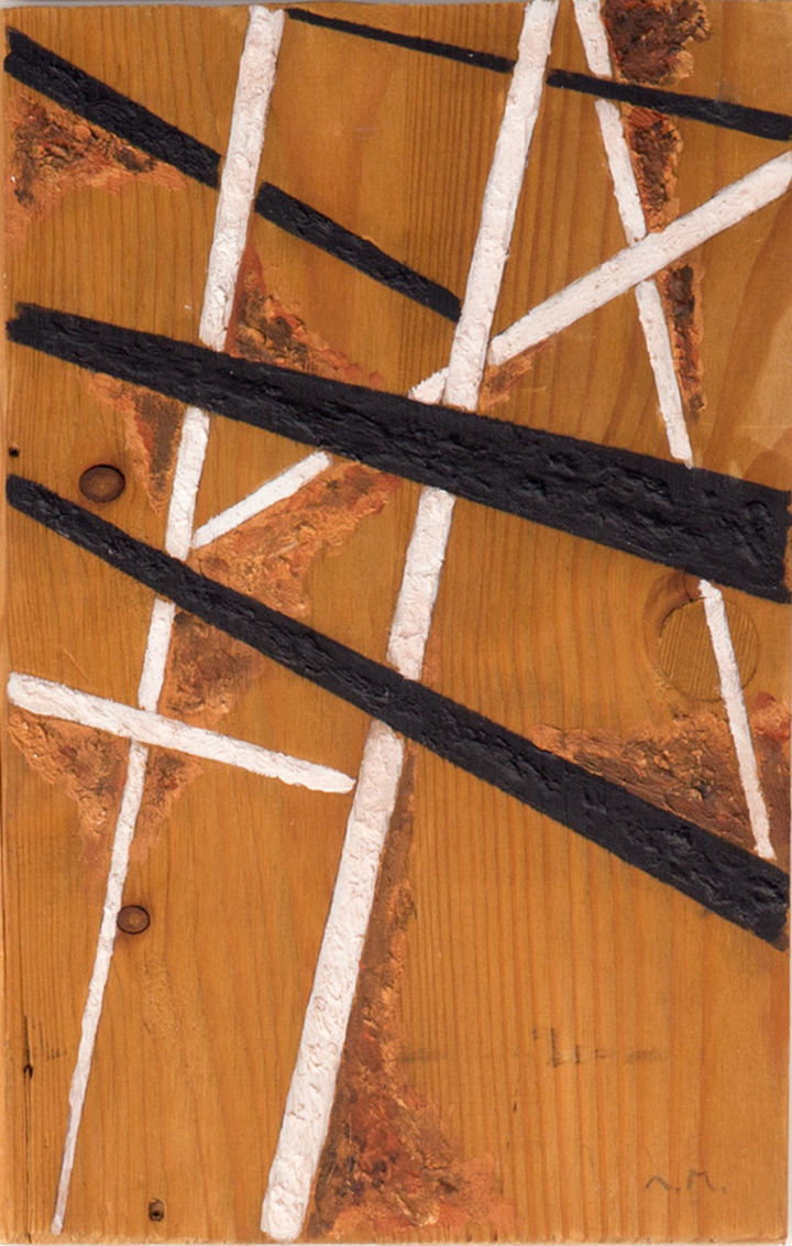 15 x 24 cm, Öl auf Holz, Kraftlinien weiss und schwarz auf Naturzolz