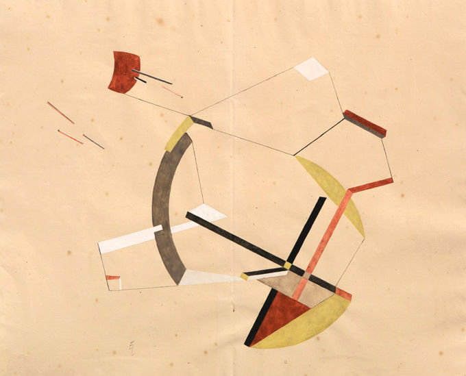 El Lissitzky, Freischwebende Raumkomposition, 34 x 35.8 cm, rot, weiss, Ocker, grau, orange, Mobile-Charakter