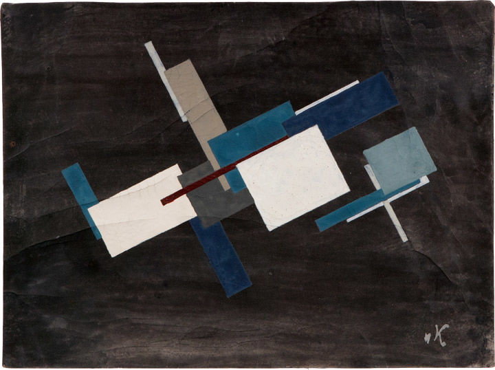 26.5 x 20 cm, Gouache auf Malkarton, Komposition aus hellblauen, dunkelblauen, weissen, grauen und beigen Rechtecken auf schwarzem Grund