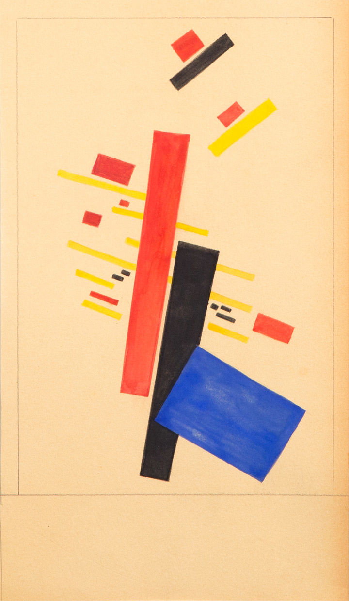 Kasimir Malewitsch, Suprematistische Komposition, Gouache 16 x 28 , rot blau gelb schwarz