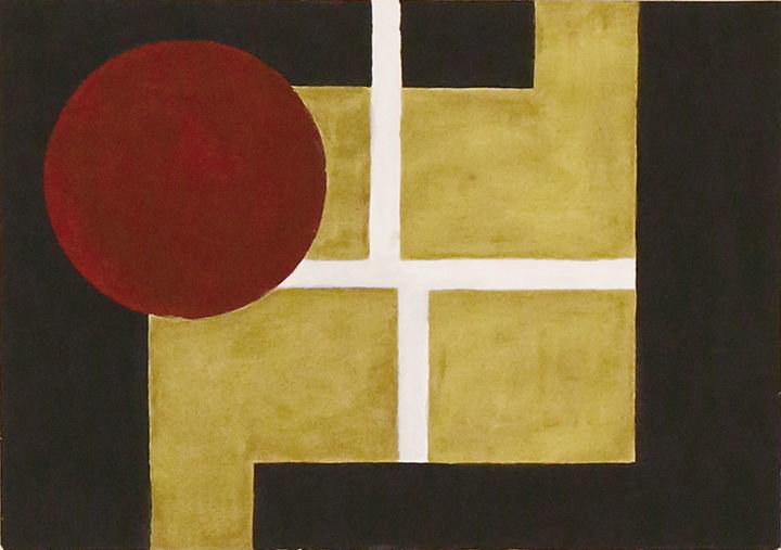 Erich Buchholz, Abstrakte Komposition schwarz, Gold, rot, weiss, Galerie Malte Frank, Zug, Schweiz