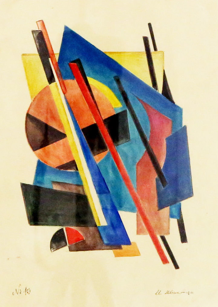 Suprematistische Komposition Nr. 12, Komposition aus farbigen geometrischen Flächen auf hellem Papier.