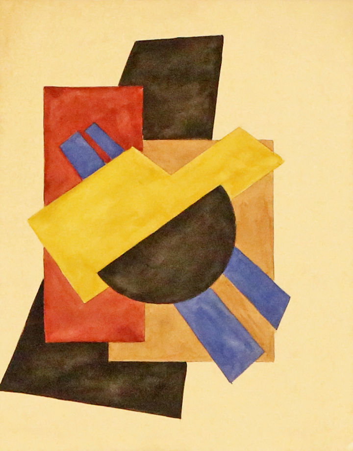 20 x 24.5 cm, Aquarellzeichnung. Suprematistische Komposition in gelb, rot, blau, schwarz und braun auf hellem Papier. 