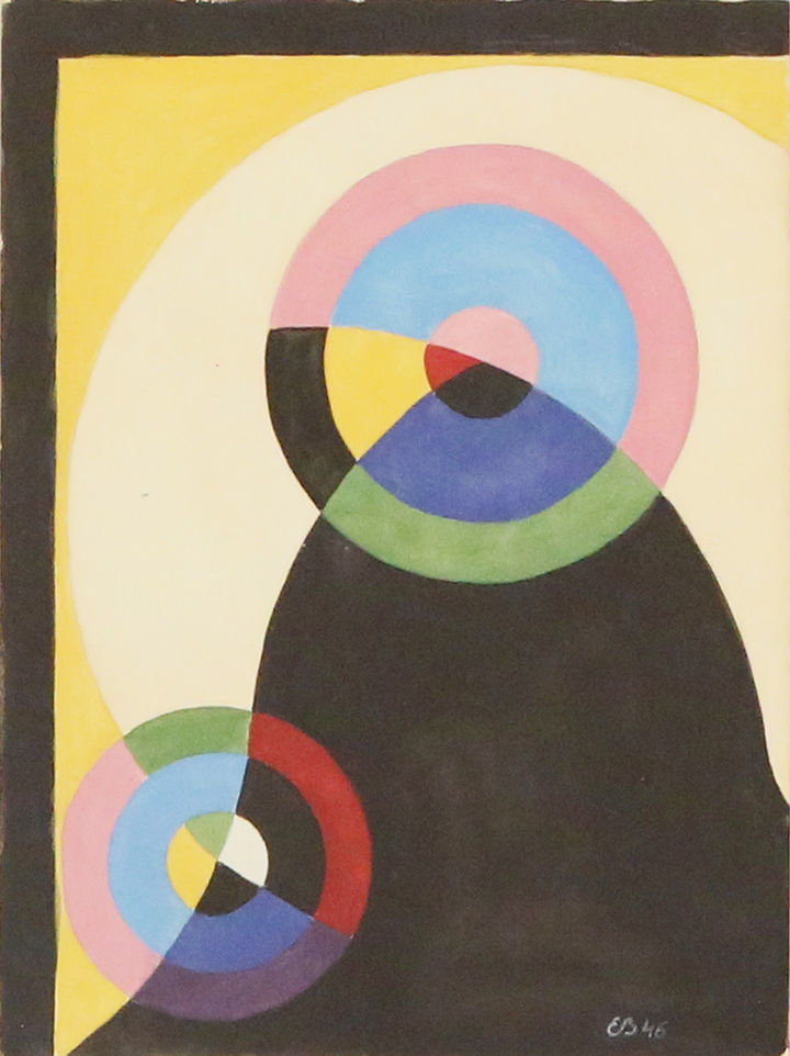 17 x 23 cm Aquarellzeichnung handsigniert, abstrakte Figuren mit farbigen Kreisen